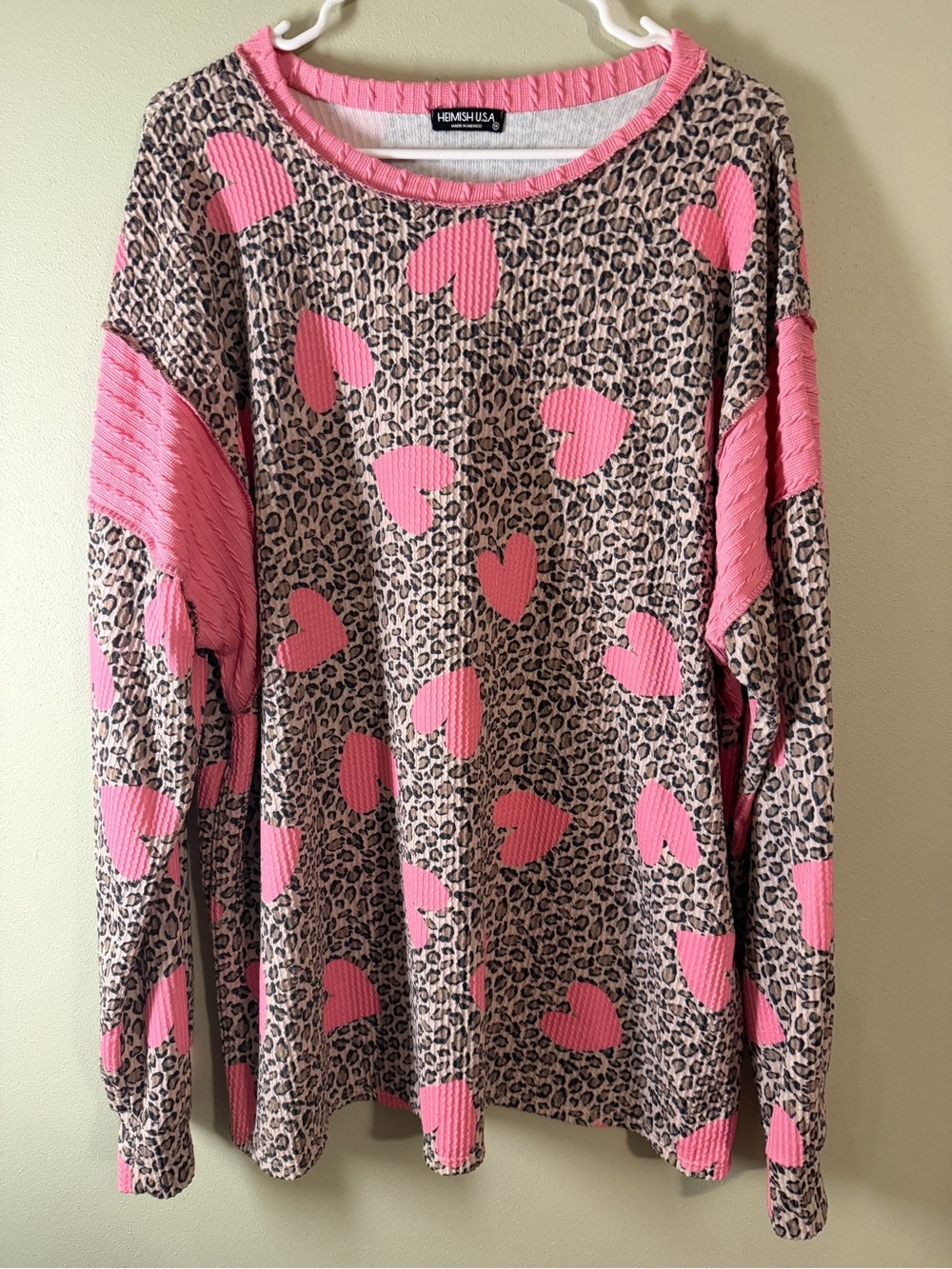 HEIMISH USA Pink Heart Leopard Print Crewneck Top